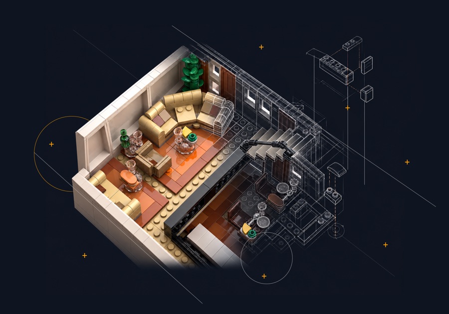 A furnished room in brick, half built, drawn over its plans