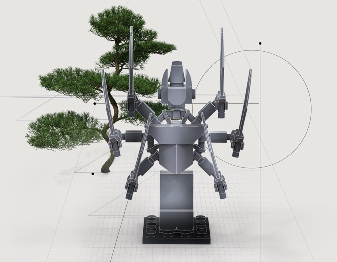A grey brick samurai beside a bonsai, drawn over its plans