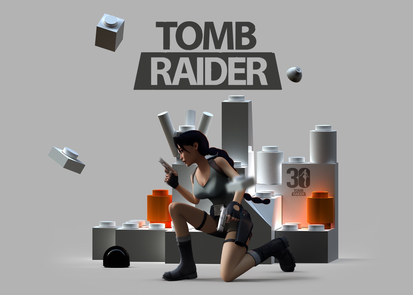 Lara Croft kneeling among oversized bricks, Tomb Raider 30th anniversary