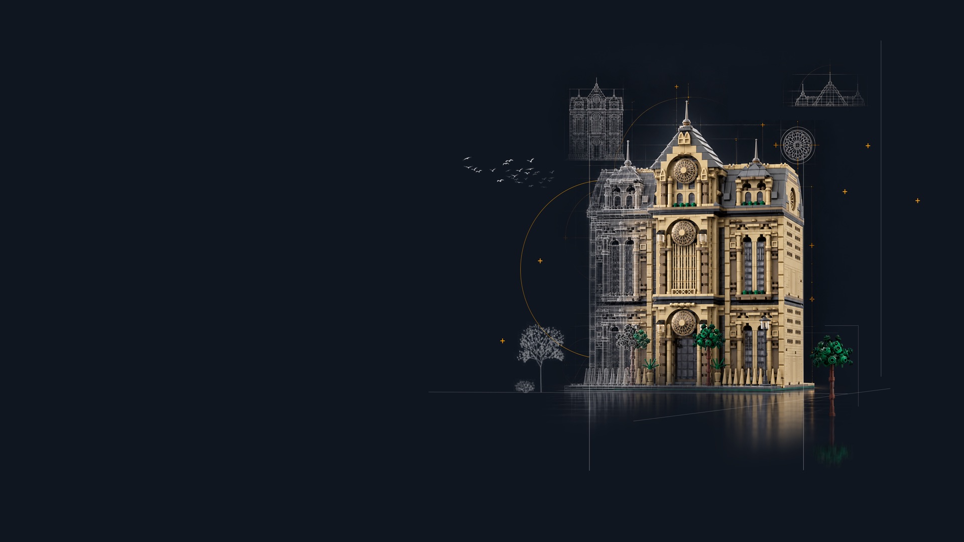 A brick manor drawn over its own blueprint
